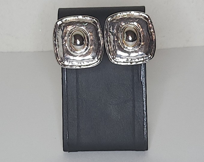 Vintage Brutalist Boho Silver Tone Square Clip-On Earrings with Gold Tone Ovals B-6-28