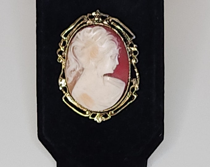Vintage Cameo Woman with Gold Tone Frame Brooch Pin A-5-82