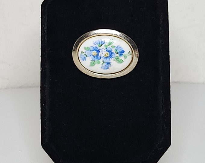 Vintage Blue Flowers on Porcelain Oval with Silver Tone Border Brooch Pin C-6-95