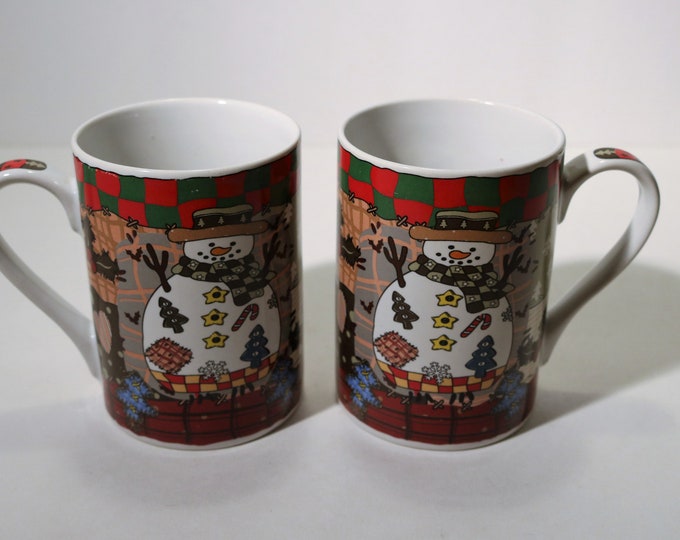 Set of 2 Country Quilt Snowmen Coffee Hot Cocoa Mugs