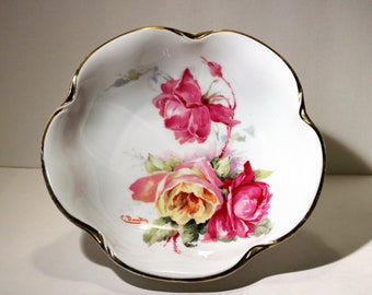 1930-40's J&C "Louise" Bavaria Signed C. Daudin Scalloped Serving Bowl Pink and Yellow Flowers