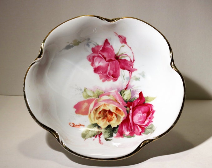 1930-40's J&C "Louise" Bavaria Signed C. Daudin Scalloped Serving Bowl Pink and Yellow Flowers