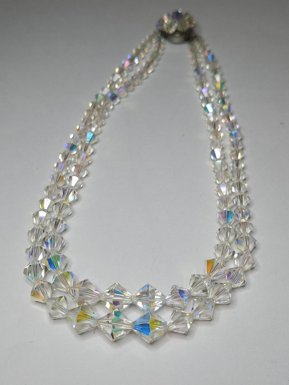 Vintage Two Strand Iridescent Clear Glass Diamond… - image 3