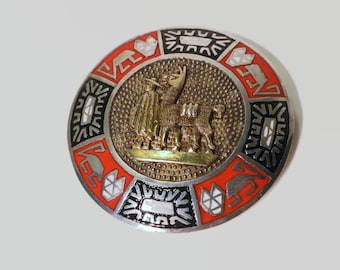 Vintage Peruvian Peru PMD Sterling Silver 925 Llama Alpaca and Man with Jaguar and Sun Border Brooch Pin