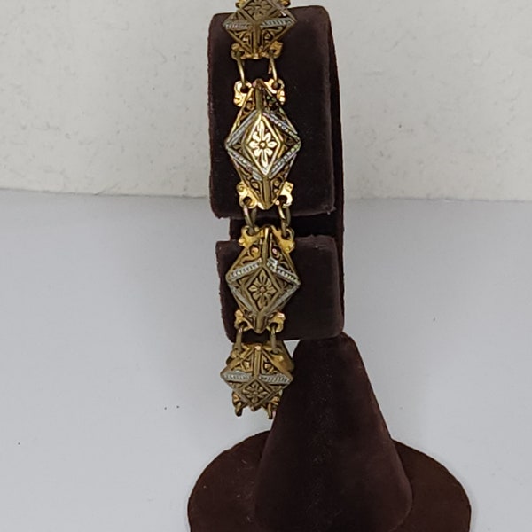 Vintage Spanish Damascene Gold Tone Floral Link Bracelet C-2-87