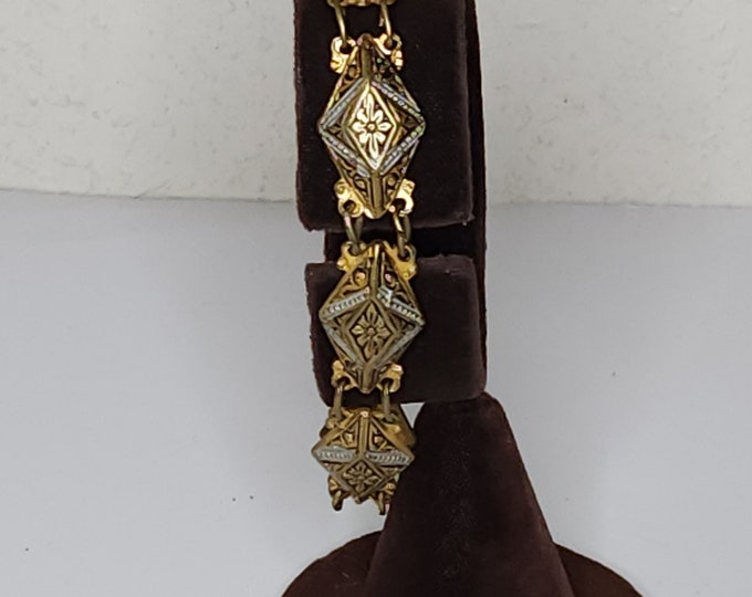 Vintage Spanish Damascene Gold Tone Floral Link Bracelet C-2-87