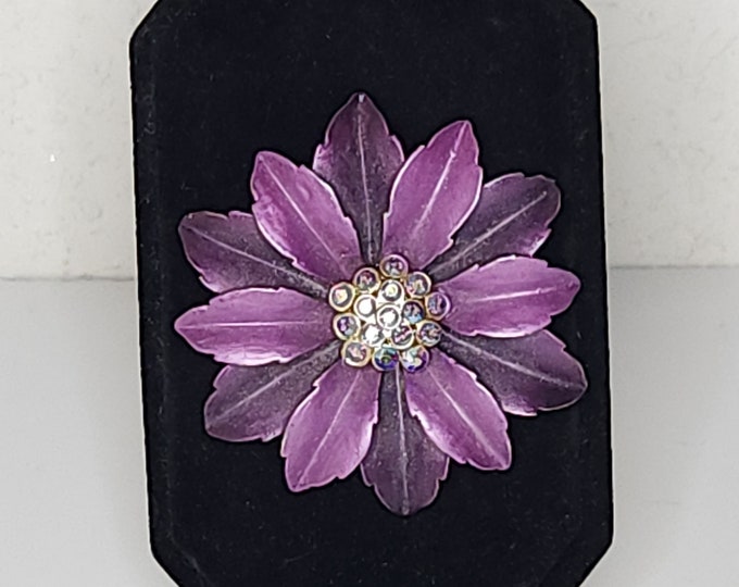 Vintage Two Tone Purple Flower Brooch Pin with Aurora Borealis Rhinestones C-3-45