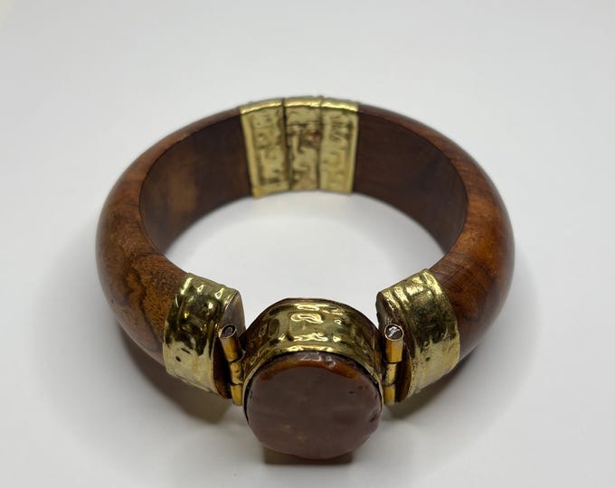 Vintage Wood, Brass and Stone India, Nepal Style Bangle Size 7.75 D-8-18