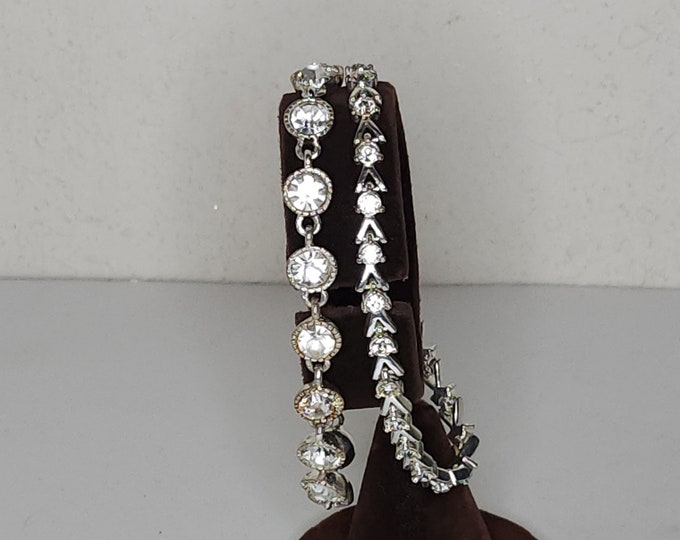 Vintage Set of Two Avon Signed Silver Tone and Clear Rhinestone Bracelets C-4-41