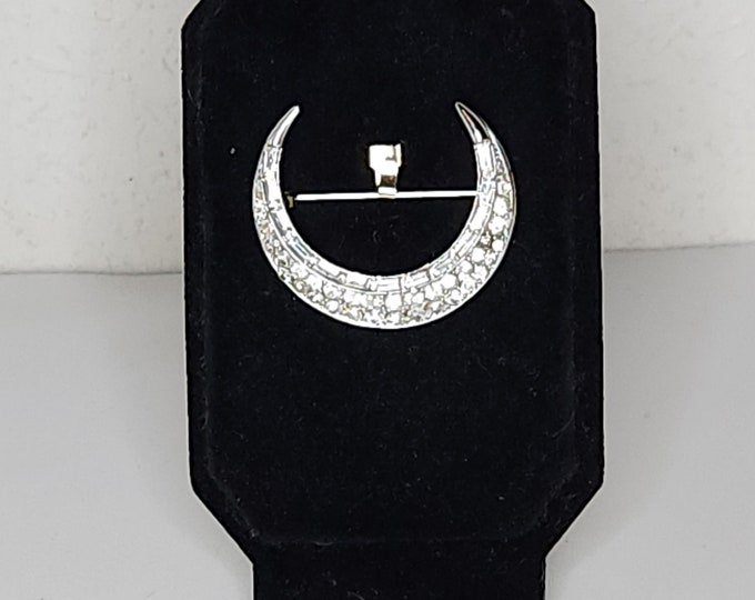 Vintage Lisner Signed Silver Tone Crescent Moon Brooch Pin with Clear Baguette and Round Rhinestones C-6-47