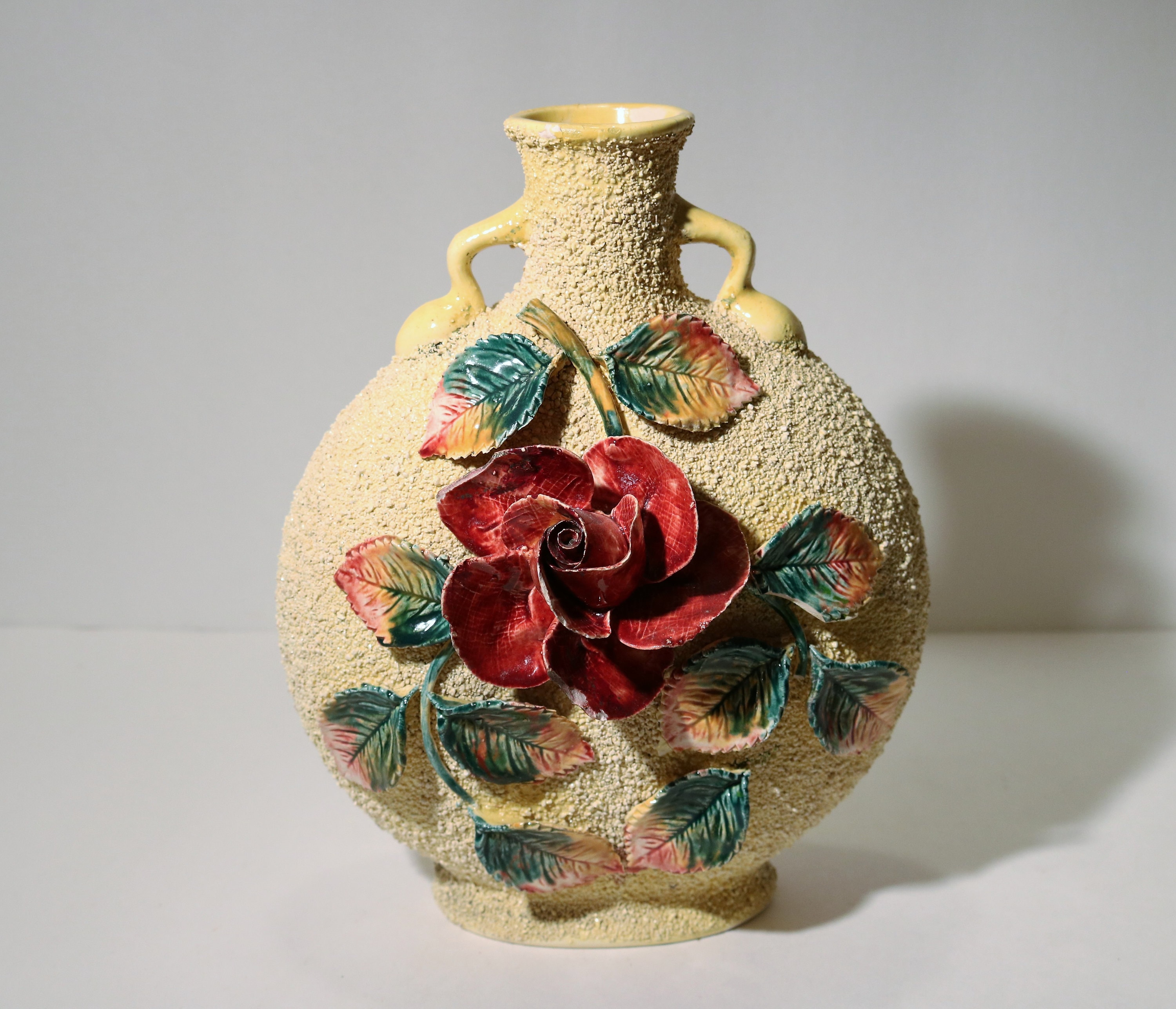 18501900's Sand Majolica Barbotinestyle Flowers Light Yellow Moon Flask Vase Rare and Pretty!