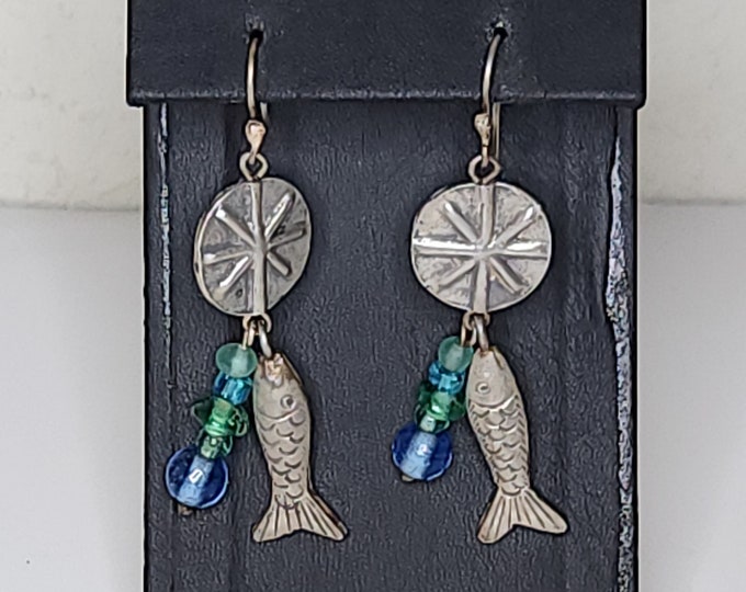 Vintage Blue Artisan Glass Beads and Silver Tone Fish and Circle Charms Dangle Earrings C-2-71