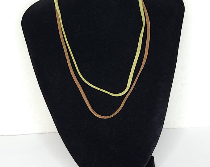 Vintage Premier Design Signed Set of Two Leather Choker Necklaces in Brown and Green C-5-42