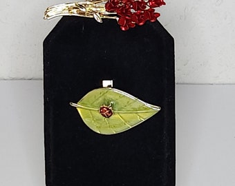 Vintage DM Signed Gold Tone and Red Rose Bouquet Brooch Pin and Gold Tone Leaf Brooch with Green Enamel and Lady Bug C-7-88