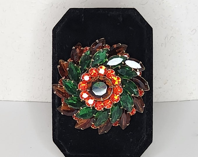 Vintage Judy Lee Signed 1960's Hard to Find Center Watermelon Rhinestone Round Floral Brooch with Brown, Green and Orange Rhinestones D-4-22