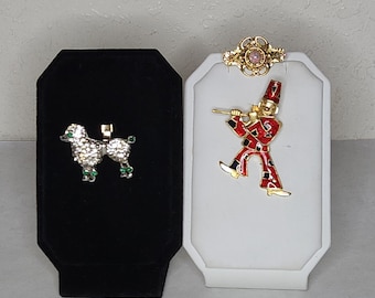 Vintage Set of Three Miscellaneous Pins - Rhinestone Poodle, Articulated Clown, Gold Tone and Faux Opal B-8-70