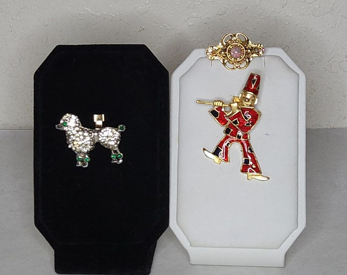 Vintage Set of Three Miscellaneous Pins - Rhinestone Poodle, Articulated Clown, Gold Tone and Faux Opal B-8-70