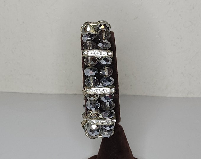 Vintage Mirrored Silver Tone and Clear Glass Beaded Stretch Bracelet with Silver Tone and Rhinestone Spacer Bars C-2-43