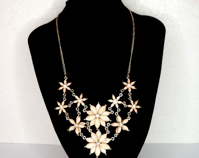 Vintage Gold Tone Floral Bib Style Necklace with Faceted Champagne Plastic Petals and Clear Rhinestones D-3-99