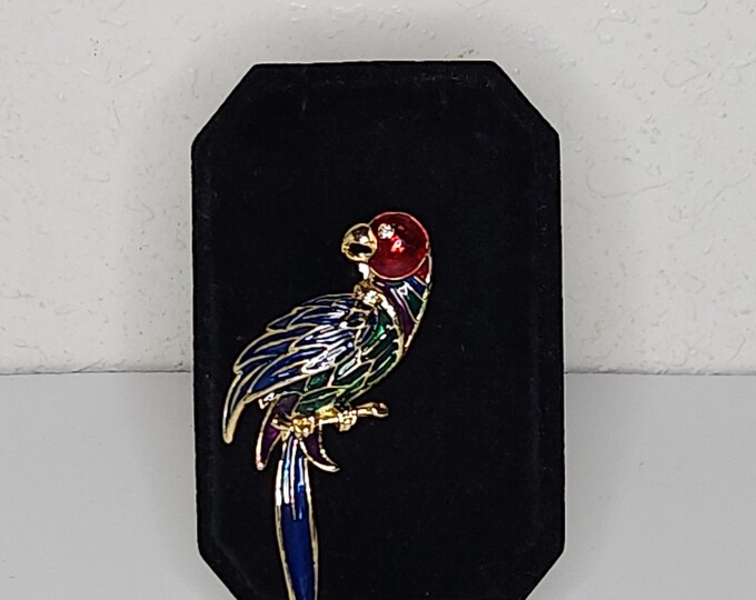 Vintage Gold Tone Parrot Brooch Pin with Red, Blue, Green and Purple Enamel and Clear Rhinestone Eye C-1-45
