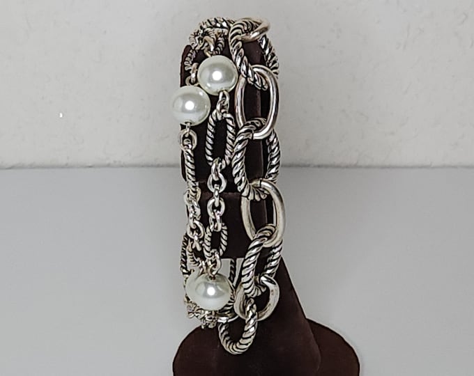 Vintage Premier Design Signed Silver Tone and Faux Pearl Three Strand Chain Link Bracelet B-9-100