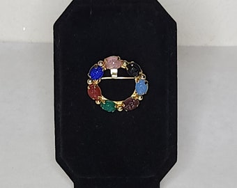 Vintage Gold Tone and Multicolor Scarab Wreath Brooch Pin B-8-69