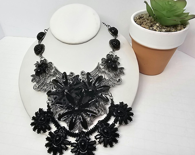 Black Enameled Flower Silver Tone Filigree Statement Bib Necklace 15-18" Necklace  D-5-8