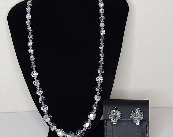 Vintage Sherman Signed Faceted Crystal Bead Necklace and Beaded Cluster Clip-On Earrings Set C-8-52