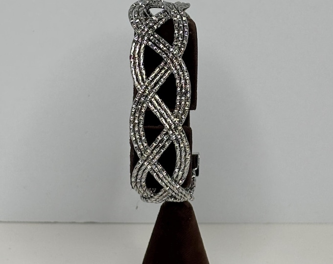 Silver Tone Textured Braid Adjustable Cuff Bracelet Size 7 D-8-35