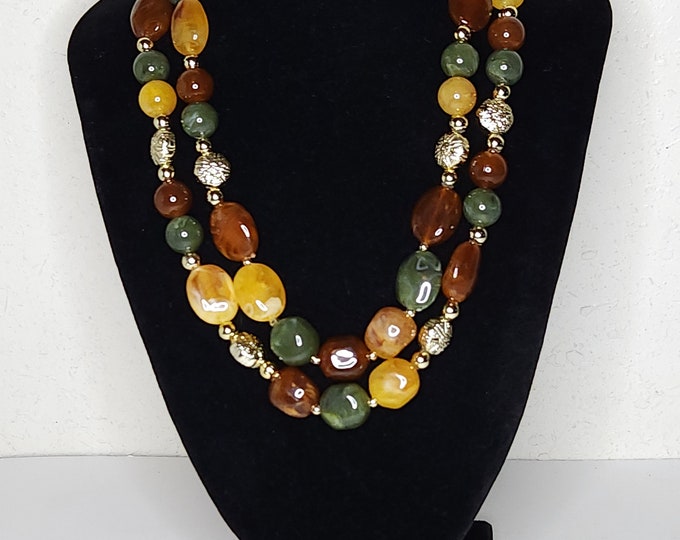 Vintage Two Strand Beaded Necklace in Brown, Green, Yellow and Gold Tone C-4-11