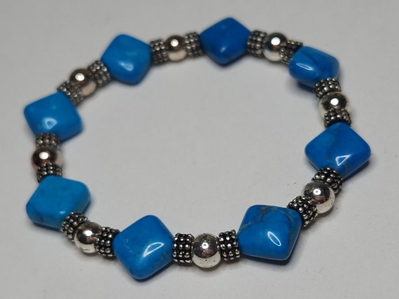 Vintage Silver Tone and Blue Faux Stone Beaded St… - image 4