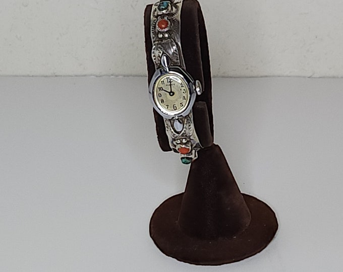 Vintage Navajo Marie Dale Signed Sterling Cuff Watch Band with Turquoise and Coral - Watch Not Working C-8-65