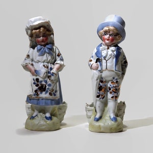 1930-40&#39;s Bisque Porcelain Victorian Man and Lady Matchstick Holders