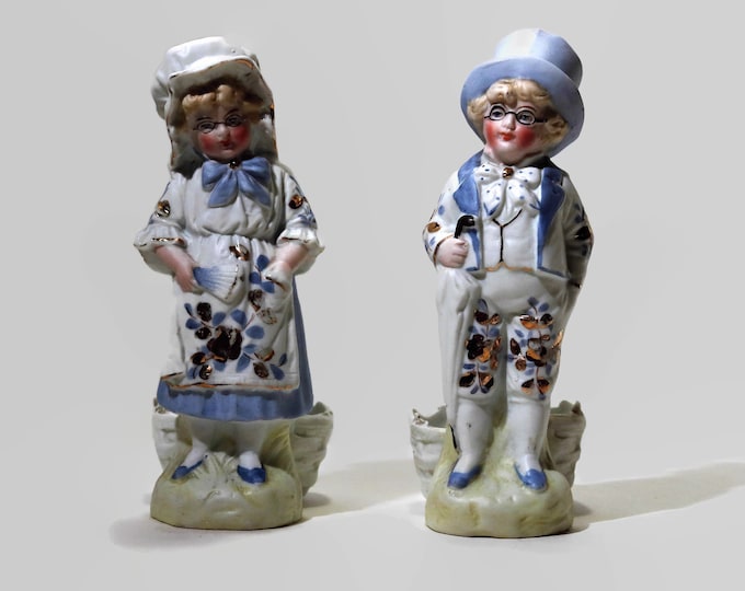 1930-40's Bisque Porcelain Victorian Man and Lady Matchstick Holders