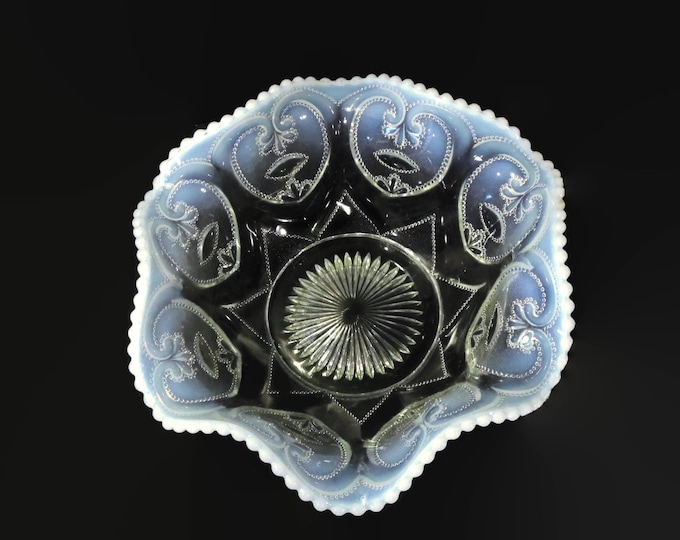 Dugan Jeweled Heart aka Victor Opalescent White Ruffled Bowl