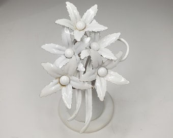 Vintage White Enamel Flower Brooch Rivet Constructed D-6-46