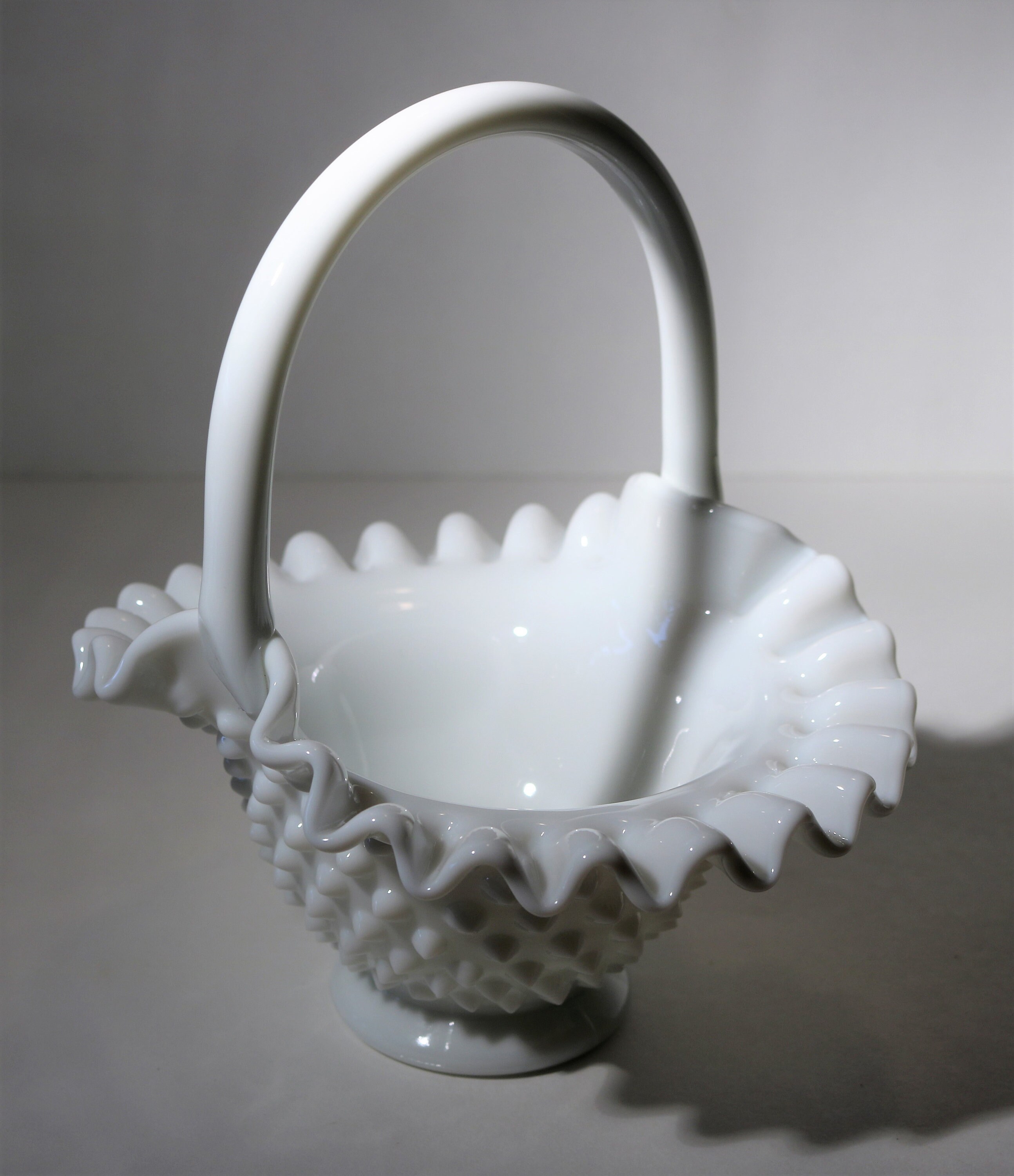 Vintage White Milk Glass with Hobnail Ruffled Basket 7 tall