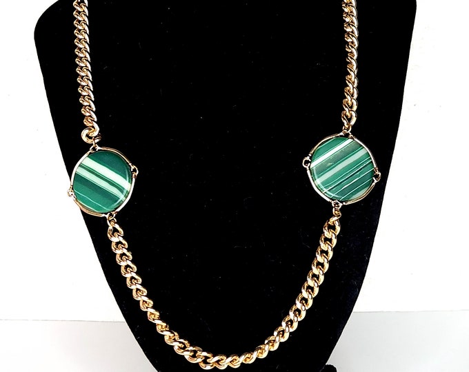 Vintage Gold Tone Chain Necklace with Stationed Glass "Malachite" Coins / Discs D-3-55