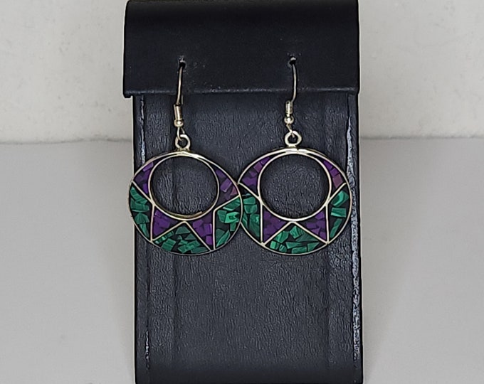 Vintage Alpaca Mexico Marked Silver Tone Circle Earrings with Purple and Green Chip Inlay C-9-95