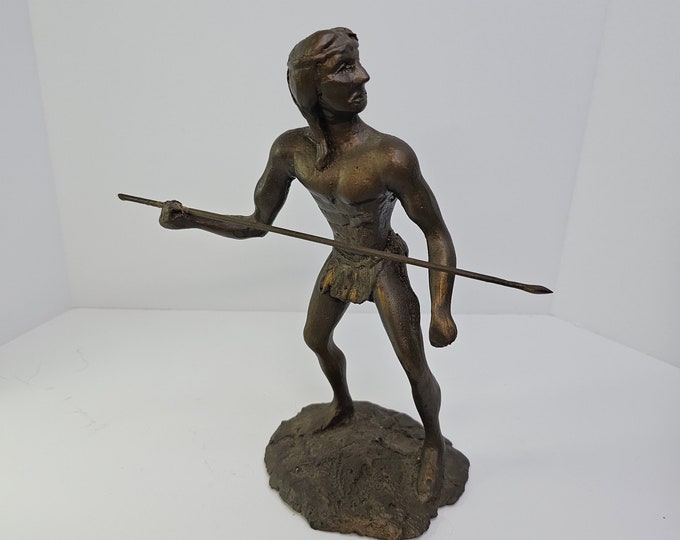 Vintage South American Native Warrior with Spear Faux Bronze Plastic Figure Sculpture