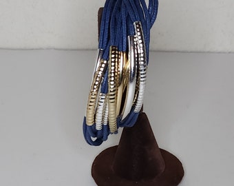 Vintage Multistrand Blue Cord with Silver Tone and Gold Tone Curved Bars Bracelet with Toggle Clasp C-9-53