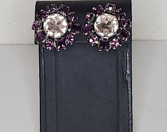 Vintage Purple and Light Pink Glass Rhinestone Floral Clip-On Earrings D-1-18