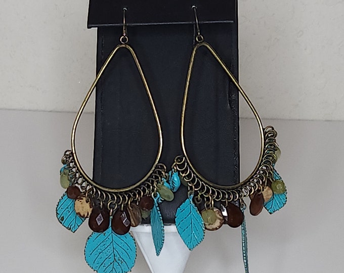 Vintage Gold Tone Dangle Earrings with Blue Leaves and Brown and Yellow Faceted Beads A-6-1