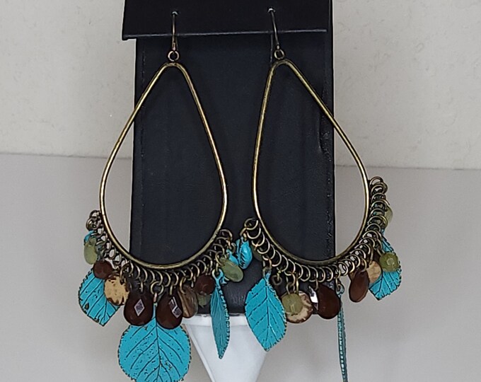 Vintage Gold Tone Dangle Earrings with Blue Leaves and Brown and Yellow Faceted Beads A-6-1