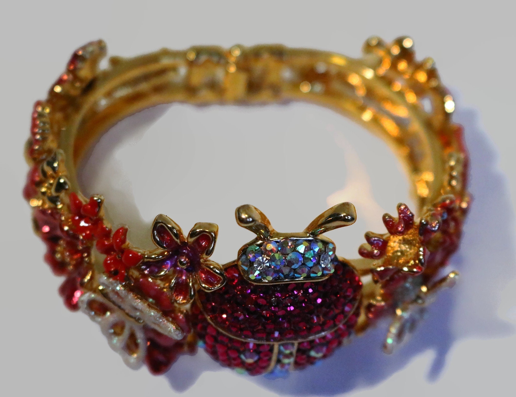 Vintage Kirks Folly Rhinestone and Enamel Ladybug Pink Fantasy Clamper