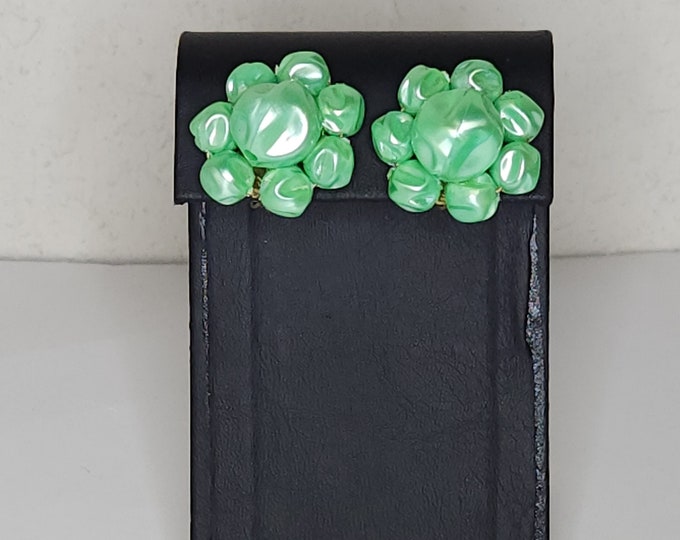 Vintage Mint Green Beaded Floral Cluster Clip-On Earrings C-6-82