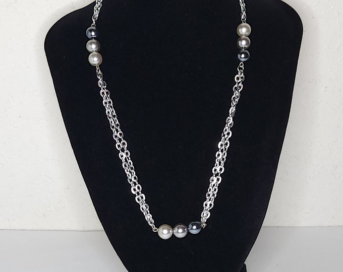 Vintage Sarah Coventry Signed Silver Tone Two Strand Chains with Gray Faux Pearl Stationed Beads Necklace C-5-85