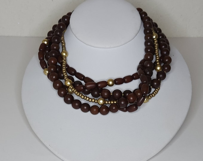 Vintage Lydell NYC Signed Brown and Gold Tone Beaded Necklace 18 Inch A-6-27