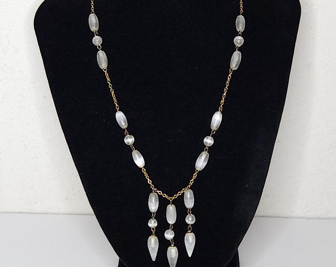 Vintage Clear Moonglow Glass Beads and Gold Tone Chain Necklace D-2-24