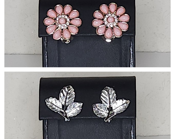Vintage Two Pairs of Silver Tone Clip-On Earrings - Pink Flowers, Sarah Coventry Three Leaves D-1-50